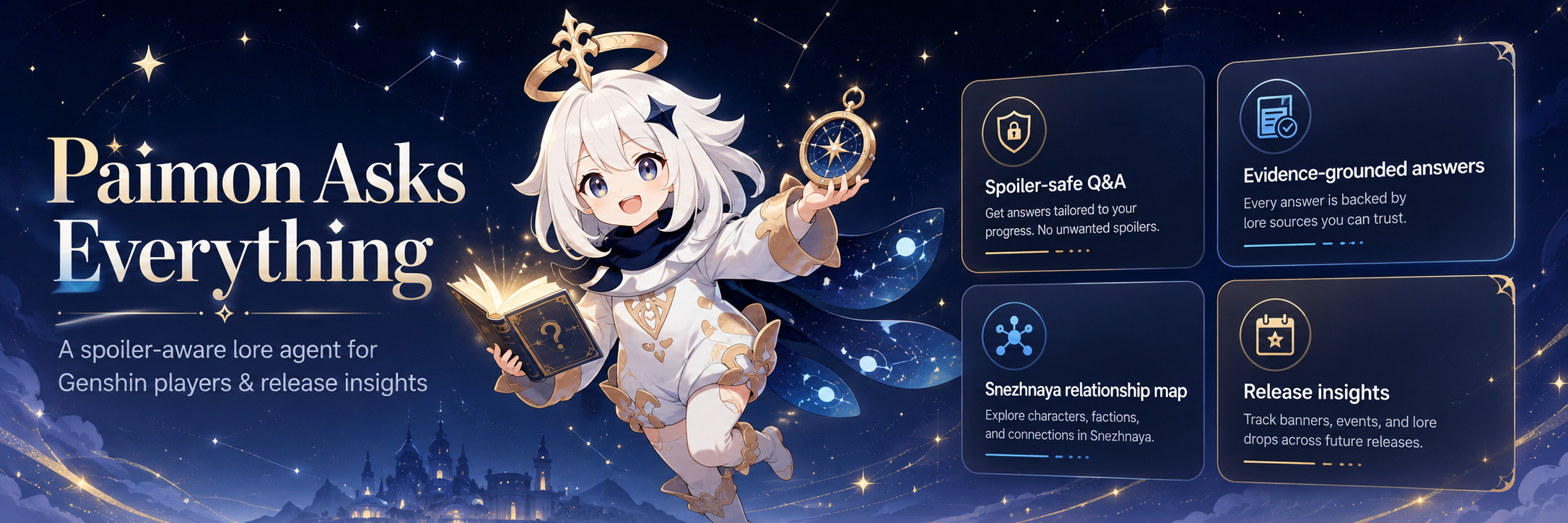 Paimon Asks Everything promotional banner showing Paimon, a starry blue background, and four product feature cards.